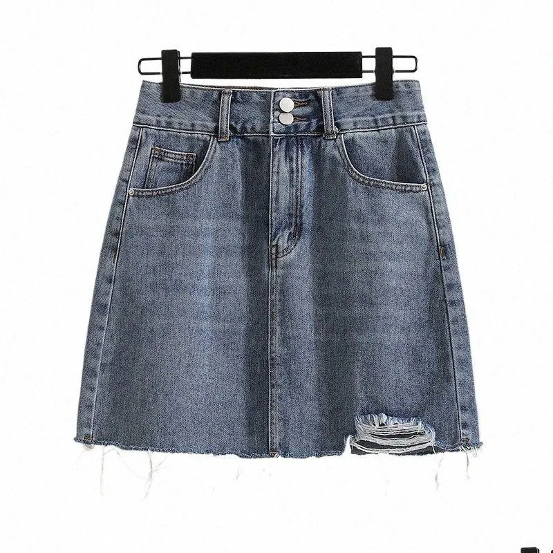plus Size L-5XL Y2K Denim Blue A Line Skirt For Women High Waist 2023 Summer Sexy Tassel Mini Jean Skirts Female Large Clothing H3RY#