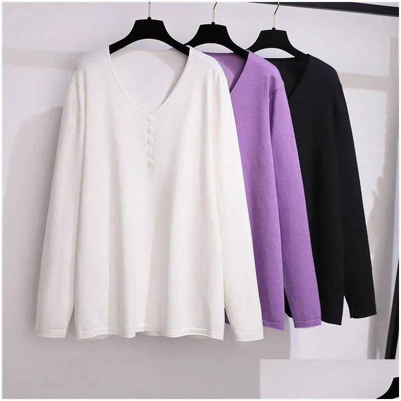 165kg Plus Size Women`s Spring Autumn Loose Knit V-neck Sweater Bust 160cm 6XL 7XL 8XL 9XL 10XL Lg Sleeve Solid Bottoming Top i4Pt#
