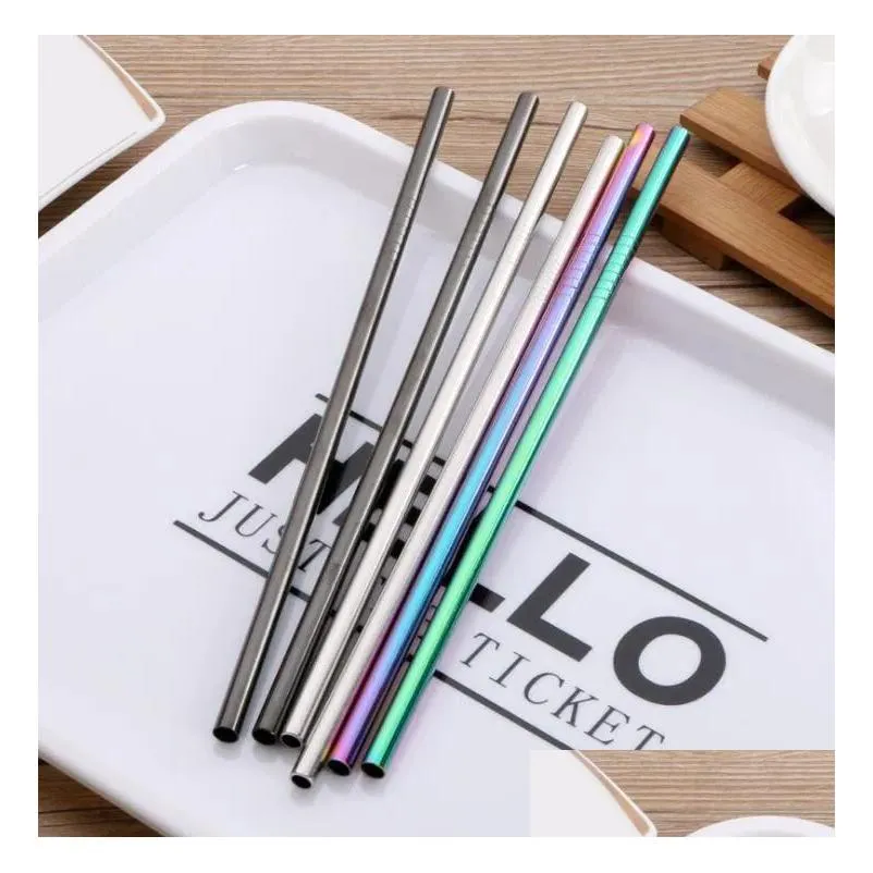 stainless steel drinking straw 6x0.5x215mm reusable rainbow gold metal straight bend straws drink tea bar drinking straw