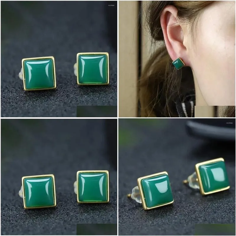 Stud Earrings Selling Natural Hand-carved Gold Color 24k Inlay Jade Square Studs Fashion Jewelry Men Women Luck Gifts