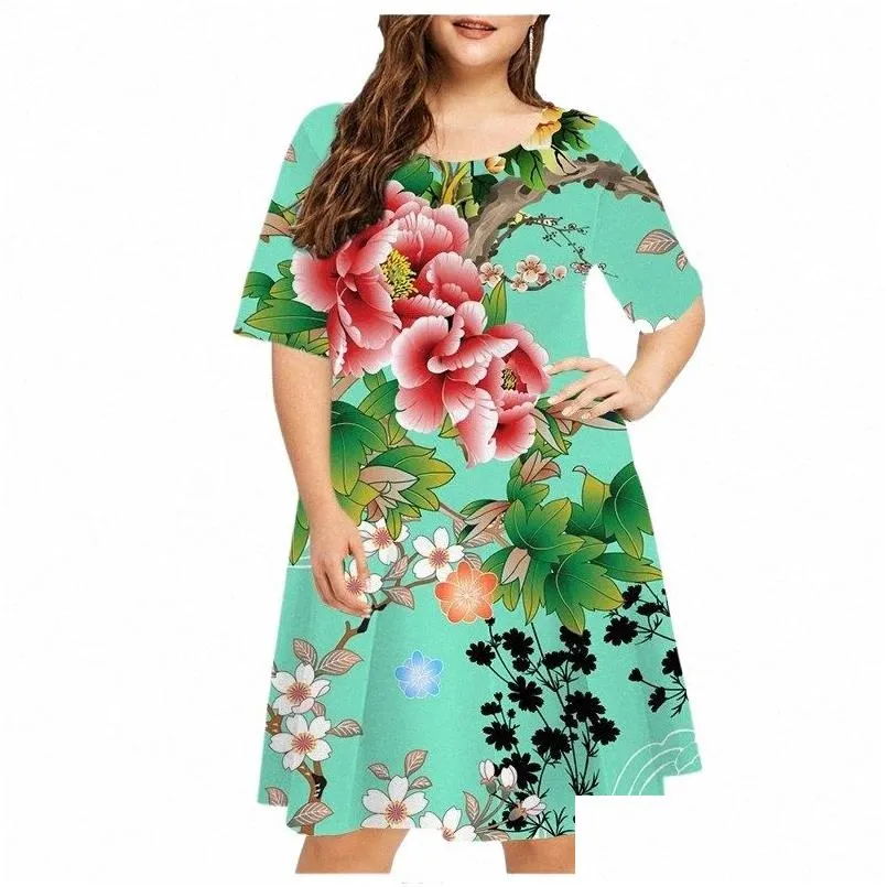 6xl Large Size Dres Summer Plant Frs Print Women Plus Size Dr Short Sleeve Casual O-Neck Mini Sundr Ladies Vestidos M3rL#