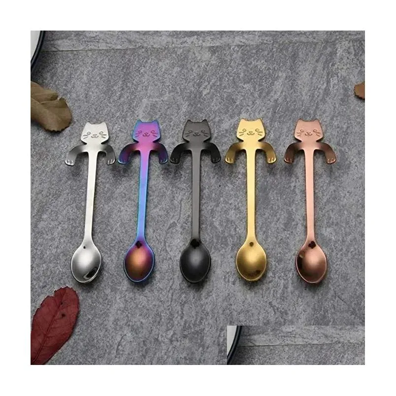 stainless steel coffee spoons long handle creative mini cat tea spoon drinking tools kitchen gadget flatware tableware