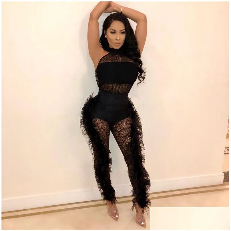 Plus size Women feather sheer white black Jumpsuits fashion mesh bodysuits sexy skinny leggings Casual fashion sleeveless Overalls