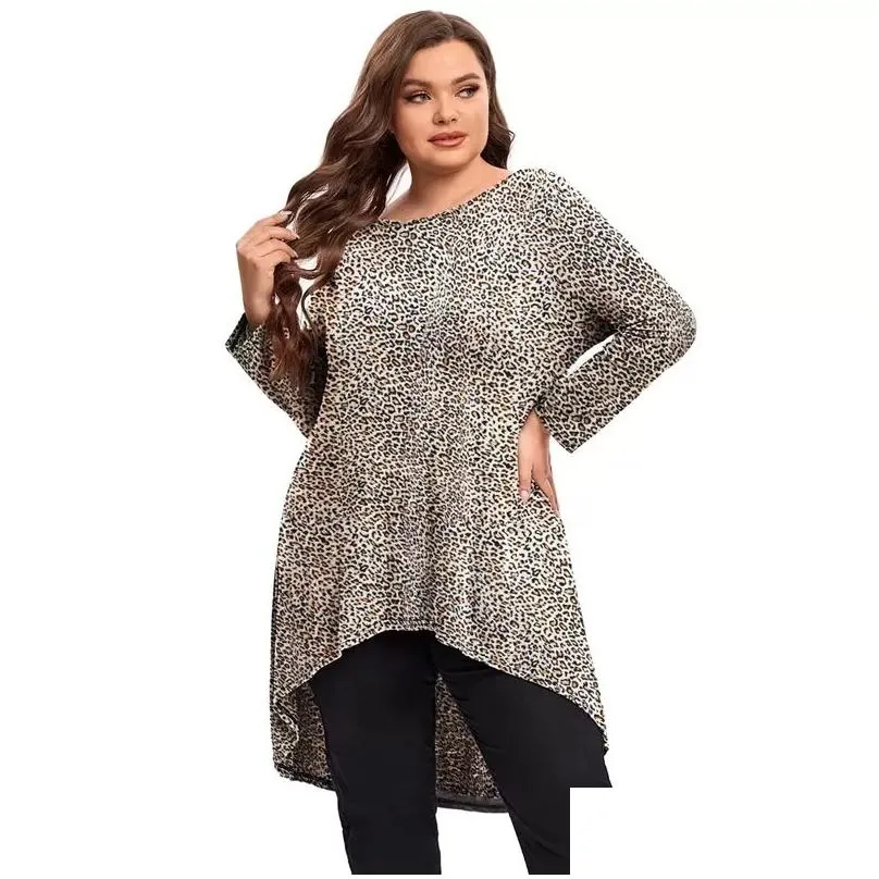 plus Size Lg Sleeve Leopard Print Casual Hi Low Tunic Women Lg Fit Flare Loose Swing Blouse And Tops Large Size T Shirt 5XL V2Am#