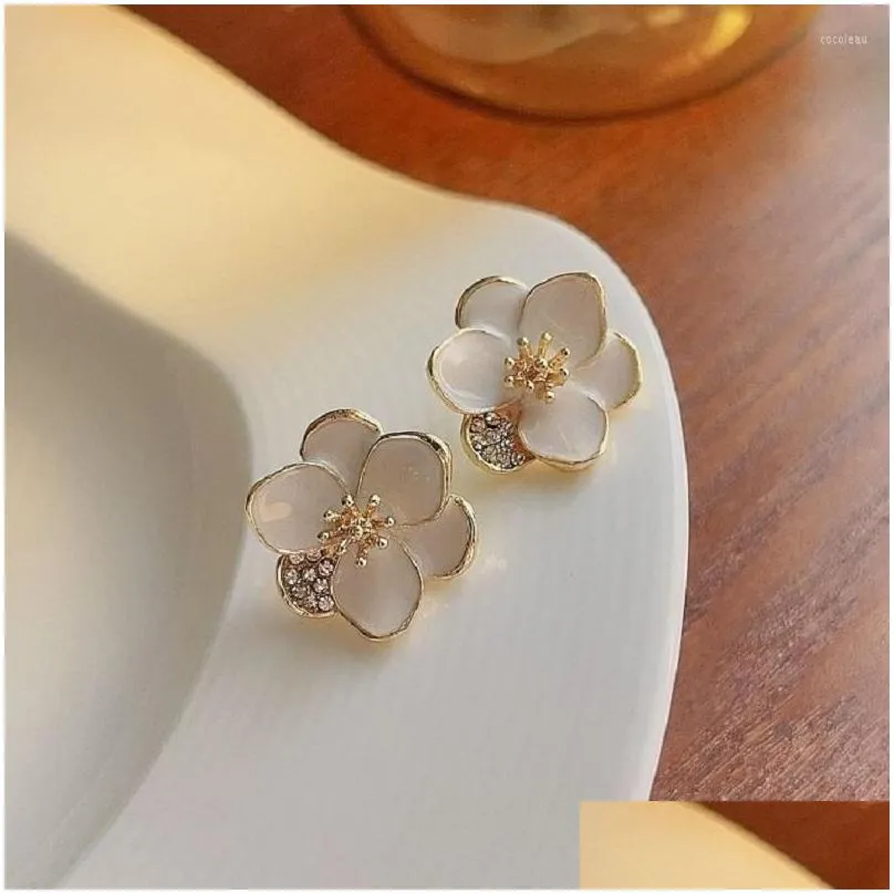 Stud Earrings Lovelink Korean Style White Enamel Flower For Women Shiny Transparent Zircon Floral Girl Accessory