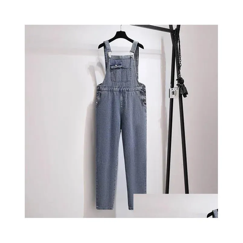 150kg Plus Size Women`s Spring Autumn Denim Overalls Loose One Piece Wide Leg Straight Pants Blue Hip 154cm 5XL 6XL 7XL 8XL 9XL r2s9#