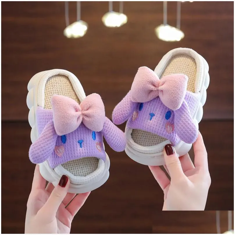 slipper childrens boys girls slippers bowknot slippers cute cartoon rabbit home slippers non-slip soft linen breathable kids slippers