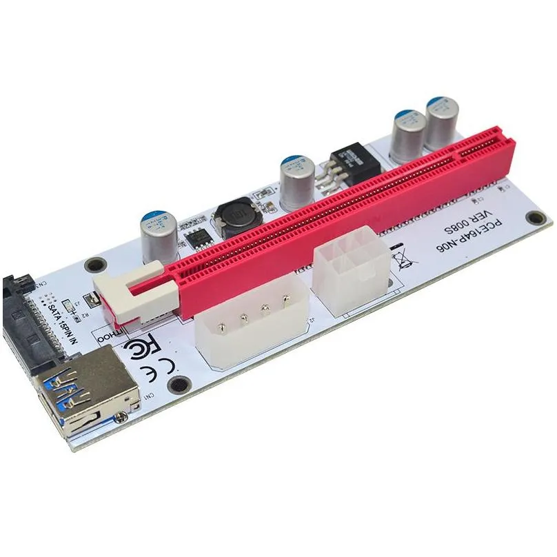 VER 008S 4Pin SATA 6PIN PCI Express PCIE PCI-E Riser Card 008s Adapter 1X to 16X USB3.0 Extender For Mining Miner