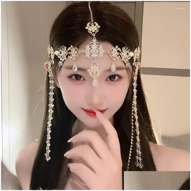 Hair Clips Bride Head Chain Layered Beads Tassle Forehead Crystal Prom Jewelry Elegant Uygur Wedding Headpieces Drop