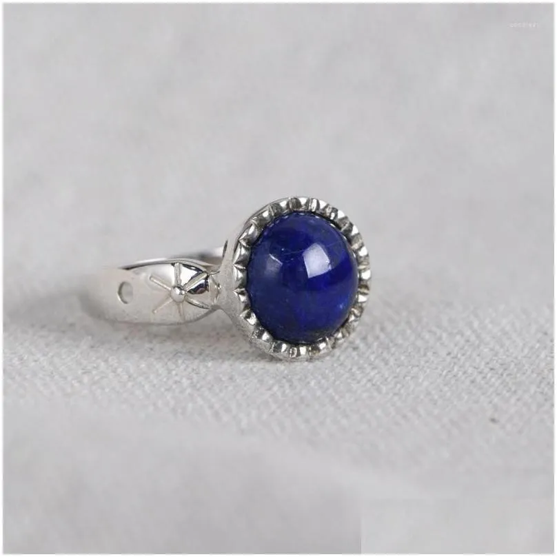 Cluster Rings FNJ 925 Silver Round Lapis Ring For Women Jewelry Original Pure S925 Sterling Natural Blue Stone