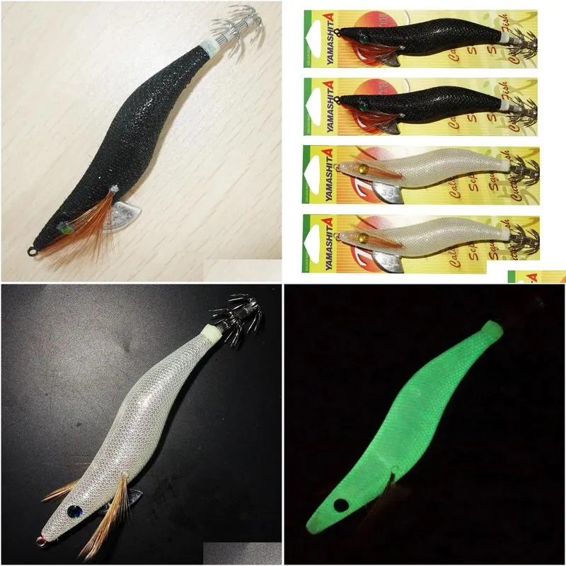 Lures 4X 3.5 YAMASHITA SQUID JIGS Glow in Dark Rattle Squid JIgs White and Black Color