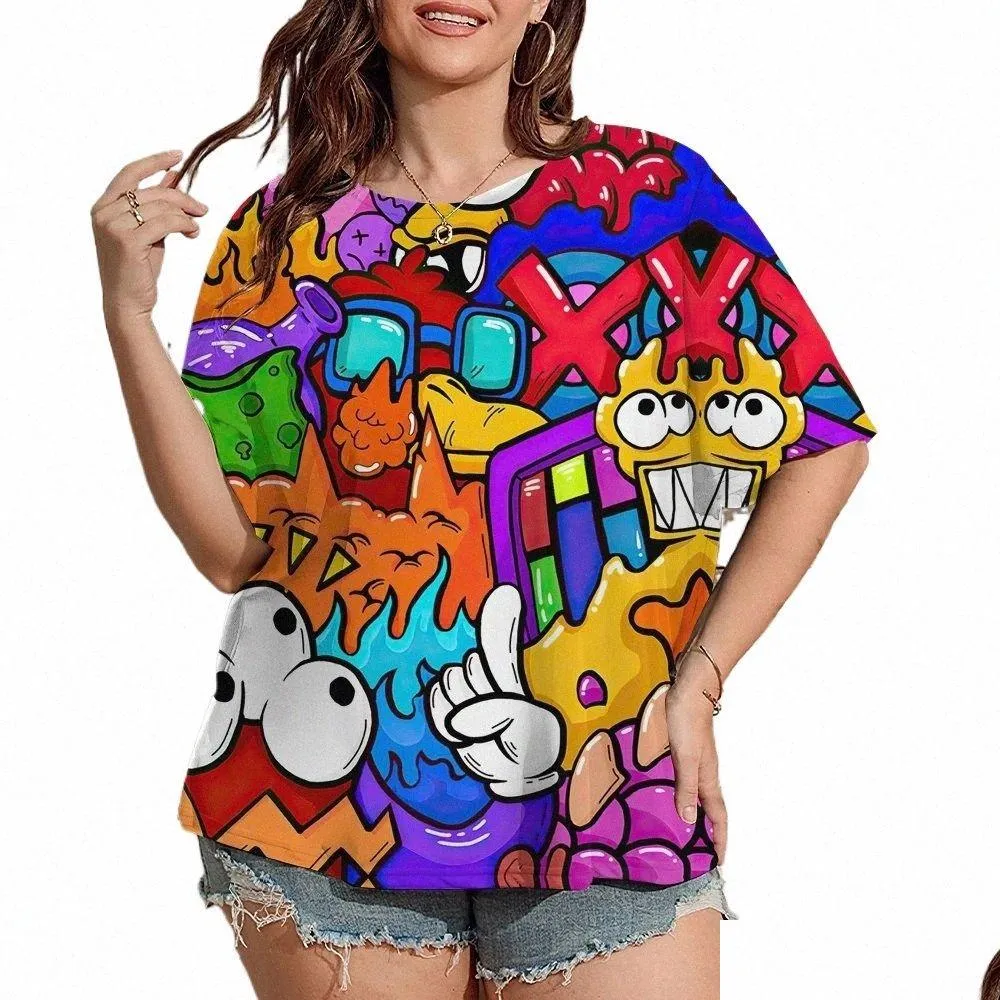 2023 Plus Size Women Tshirt Fun Graffiti Print Female Clothing Fi Summer Short Sleeve Top Casual O-Neck Tee Ladies Pullover u3hO#