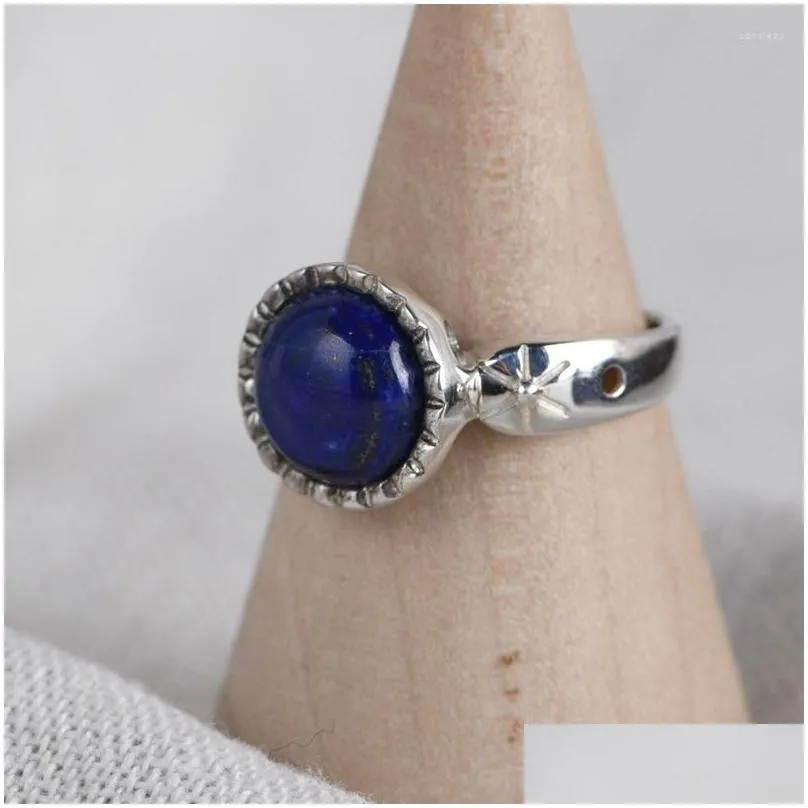 Cluster Rings FNJ 925 Silver Round Lapis Ring For Women Jewelry Original Pure S925 Sterling Natural Blue Stone