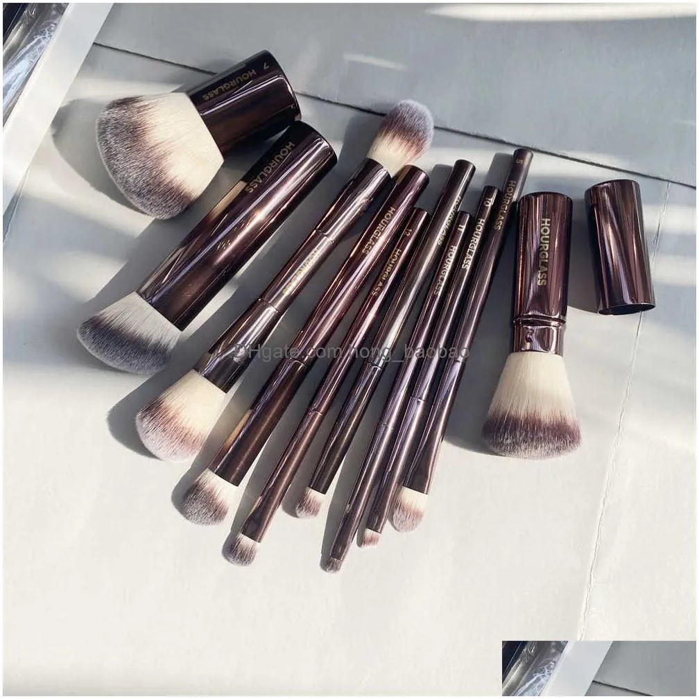 hourglass makeup brushes set - 10-pcs powder blush eyeshadow crease concealer eyeliner smudger dark-bronze metal handle cosmetics