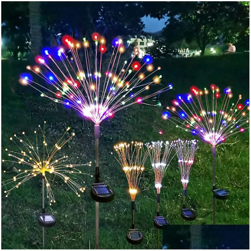 Solar Garden Lights Firework Led Copper String 90Led 120 150Led Outdoor Waterproof 2 Modes 8 Lighting Twinkling For Drop Delivery Rene Dh5Px