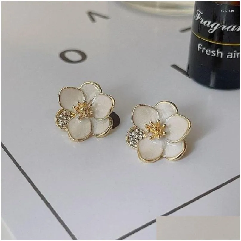 Stud Earrings Lovelink Korean Style White Enamel Flower For Women Shiny Transparent Zircon Floral Girl Accessory