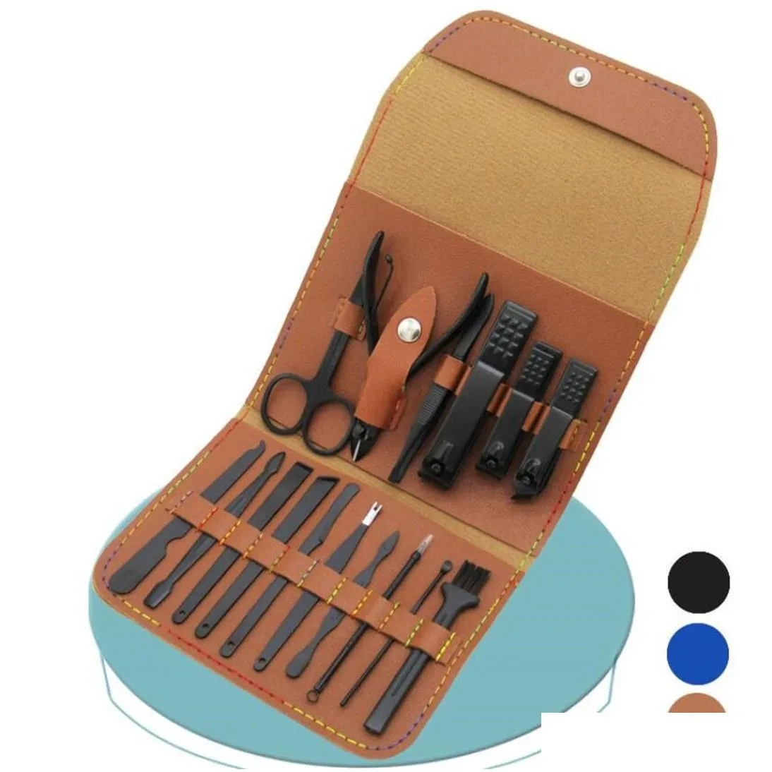 Nail Manicure Set 16 Pcs Clipper Fingernail Clippers Kit Sharp Black Stainless Steel Pedicure With Pu Leather Case For Toenail Drop De Dhrxb