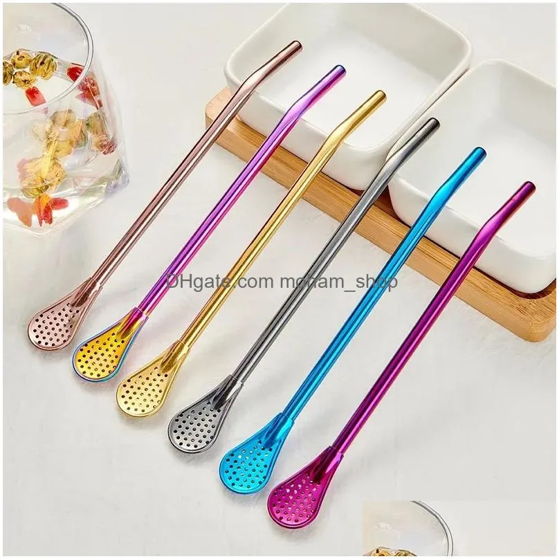 stainless steel straw spoon tools 18cm metal dual purpose straws stirring spoons coffee nectar filter household tea accessories