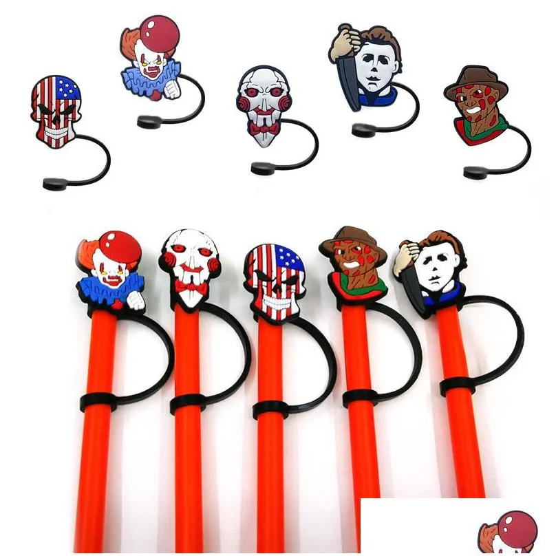 9pcs/set halloween horror straw toppers cover molds silicone charms for tumbers reusable splash proof drinking dust plug decorative 8mm straw