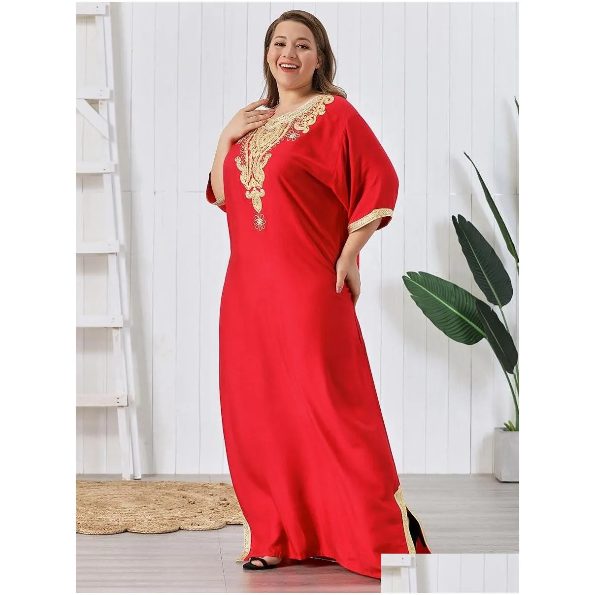 plus Size Vintage Rhinestes Embroidered Muslim Dr Women Oversized Short Sleeves Lg Dres Middle East Arabian Robe Cloth j1ce#