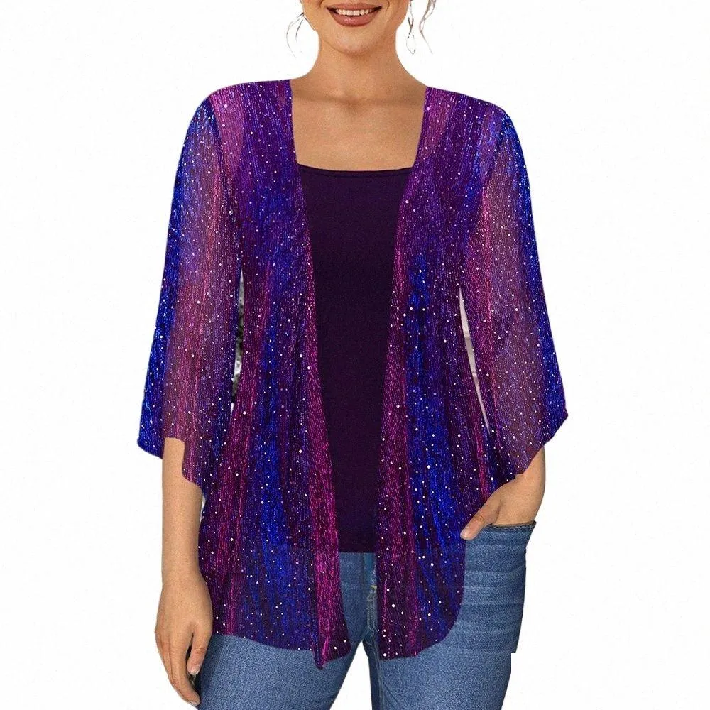plus Size Christmas Purple Sparkly Glitter Fabric Kimo Two Pieces Blouse V6bo#