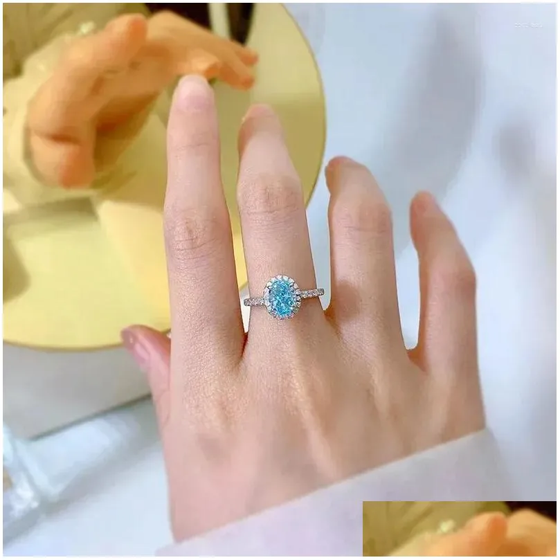 Cluster Rings SpringLady 925 Sterling Silver 6 8MM Crushed Cut Aquamarine High Carbon Diamonds Gemstone Ring Engagement Fine Jewelry