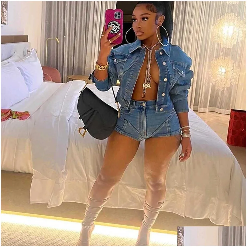 Women`S Tracksuits Women Jeans Denim Jacket And Short Two Piece Pants Set Casual Elastic Shorts Outfits For Spring Drop Delivery Appa Dhkw5