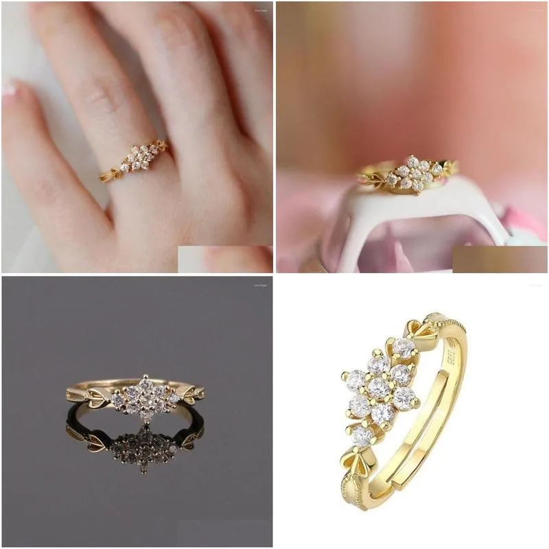 Cluster Rings Bright Super Sparkle Zircon Opening Adjustable Delicate Cute Women`s Snowflake Ring Korean Ins
