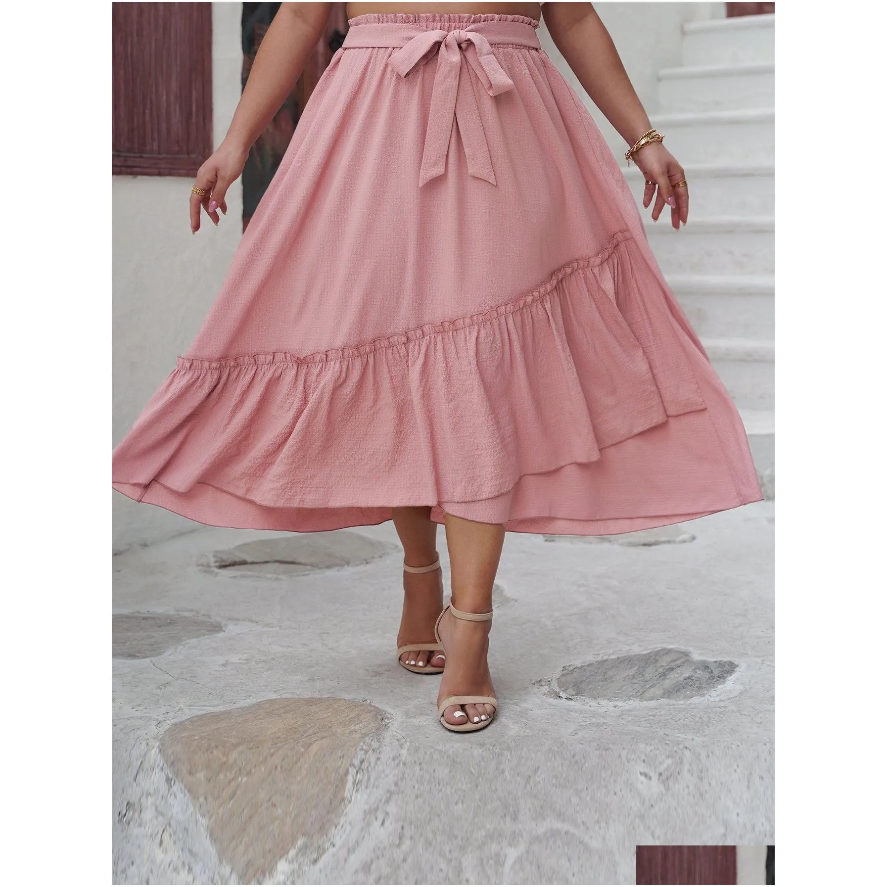 2024 New Spring Summer Plus Size Women Clothing Casual Ruffle Skirts Refreshing Pink Elastic Waisted A Line Skirt B2SP#