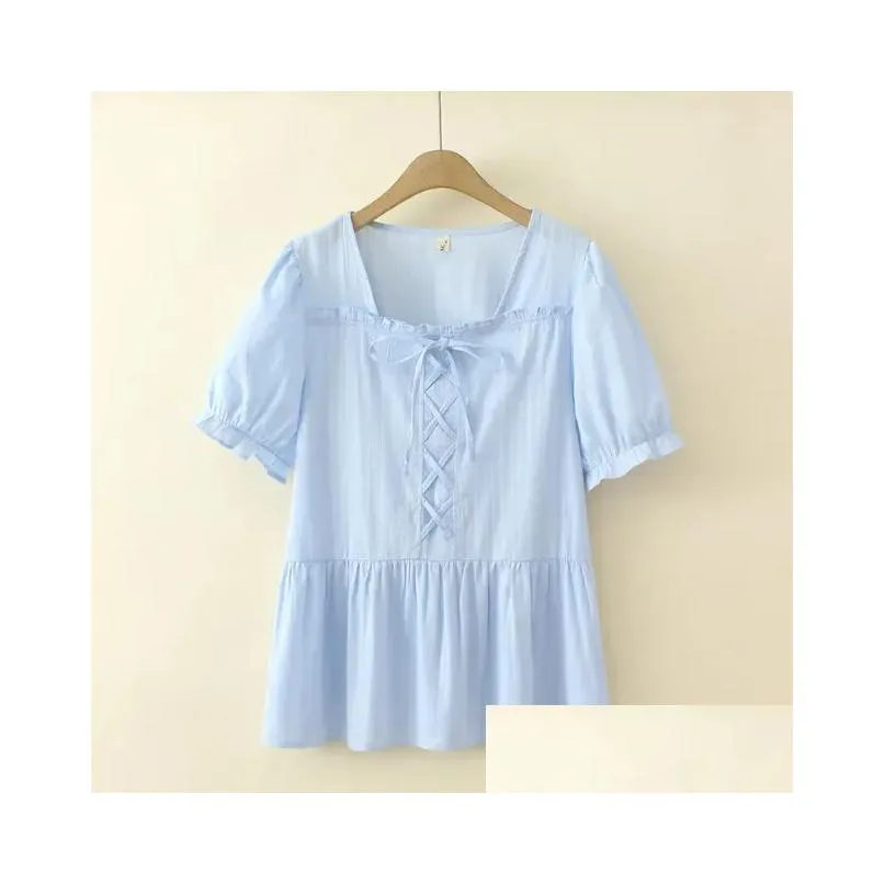 plus Size Women Blouses 2023 Summer Short Sleeve Cott Jacquard Lace-Up Tops Loose Tees Oversized Curve Clothes T63-8057 T0iR#