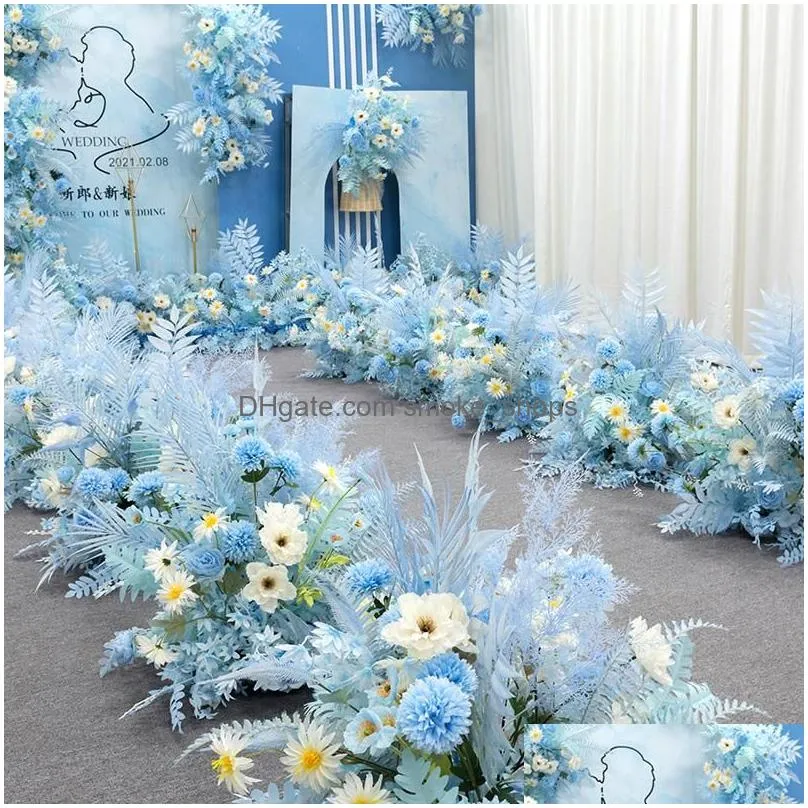 decorative flowers wreaths blue series wedding floral arrangement artificial flower row table road lead t stage backdrop corner ball