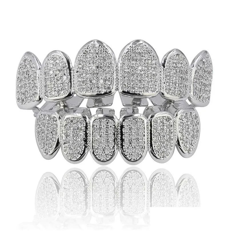 New Baguette Set Teeth Grillz Top & Bottom Gold Silver Color Grills Dental Mouth Hip Hop Fashion Jewelry Rapper Jewelry
