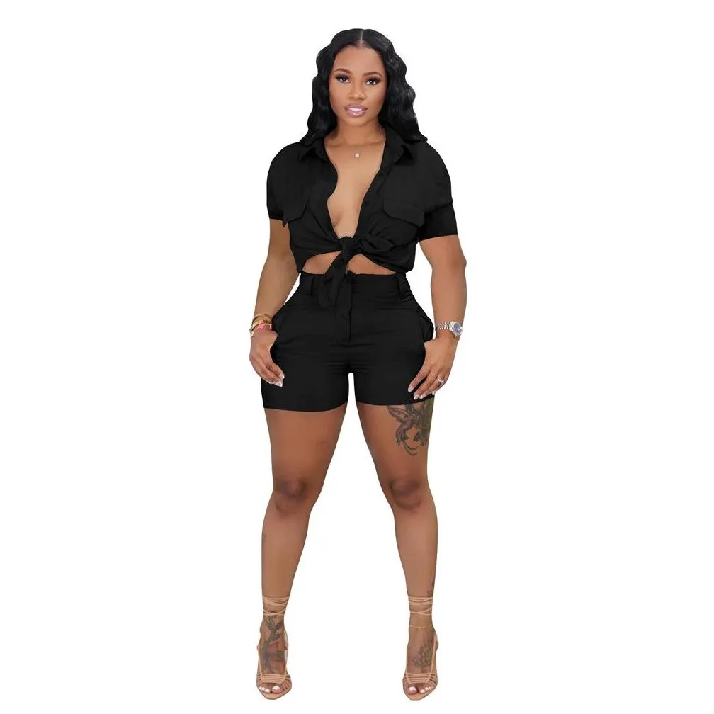 Designer Tracksuits Summer Outfits Women Two Piece Sets Short Sleeve Pocket Shirt AND Shorts Casual Sweatsuits Solid Sportswear Bulk Wholesale Clothes