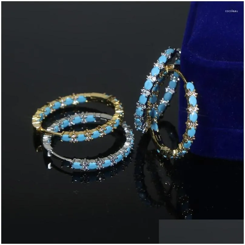 Hoop Earrings Summer Selling Fashion Women Jewelry Gold Color Blue Turquoises Stone Geometric Circle Huggie Earring