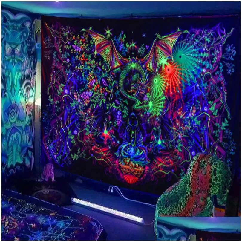 Tapestries Escent Tapestry European And American Black Light Hanging Cloth Poster Home Decoration Background Psychedelic Trippy 23021 Dhmrj