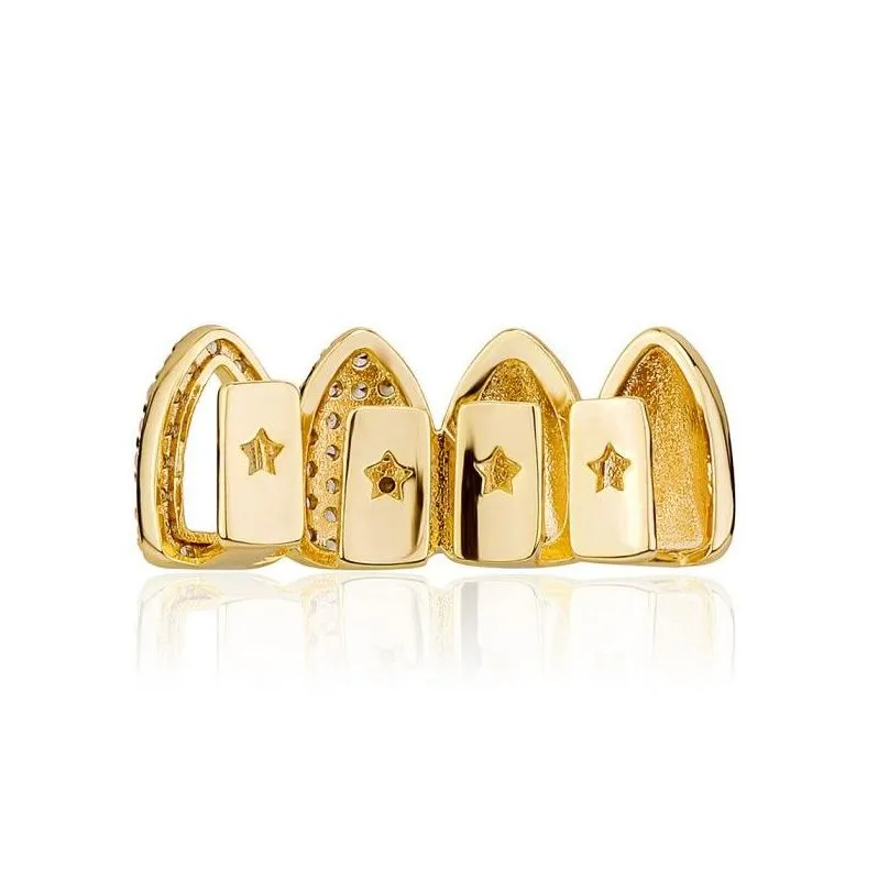 New Fashion Yellow White Gold Plated Bling Iced Out CZ Teeth Grillz Grills Dental Grills Rapper Jewelry for Men Women Gift