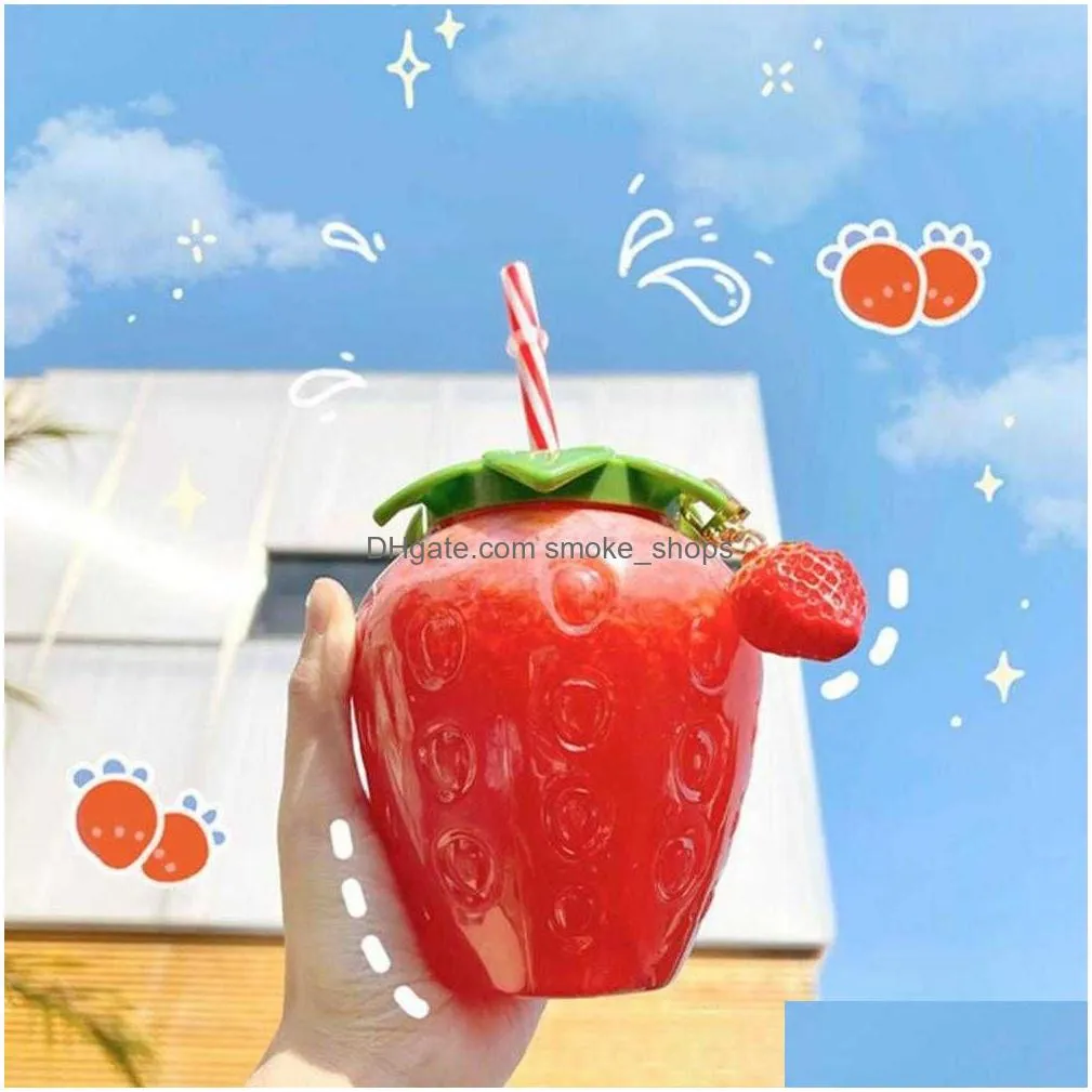 500ml kawaii strawberry water bottle cute strawberry straw water bottle pp milk coffee straw cup juice drinkware christmas gift