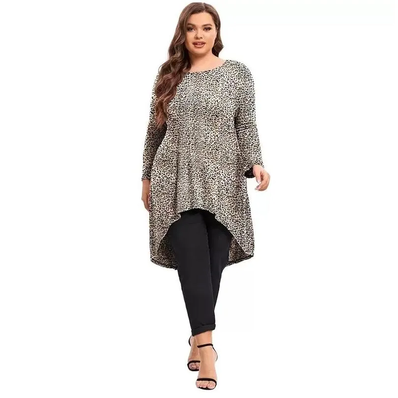 plus Size Lg Sleeve Leopard Print Casual Hi Low Tunic Women Lg Fit Flare Loose Swing Blouse And Tops Large Size T Shirt 5XL V2Am#