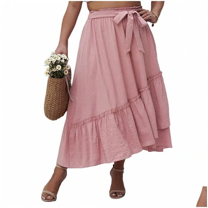 2024 New Spring Summer Plus Size Women Clothing Casual Ruffle Skirts Refreshing Pink Elastic Waisted A Line Skirt B2SP#