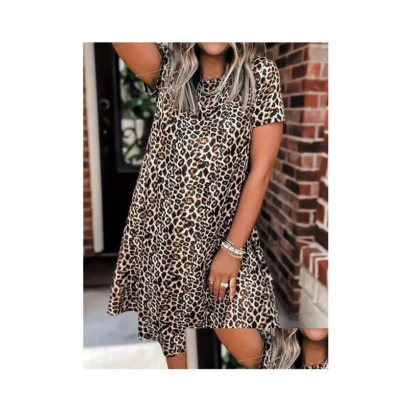 plus Size Casual Dr, Women`s Plus Leopard Print High Stretch Tank Sleep Dr Short Sleeve Round Neck Round Stretch Dr G9yb#