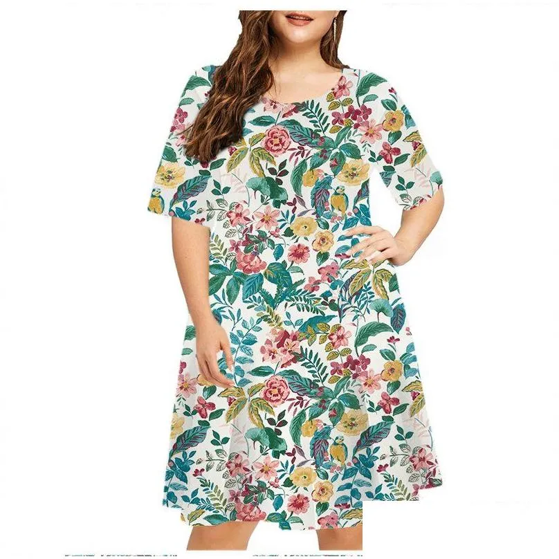 6xl Large Size Dres Summer Plant Frs Print Women Plus Size Dr Short Sleeve Casual O-Neck Mini Sundr Ladies Vestidos M3rL#