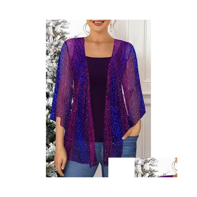 plus Size Christmas Purple Sparkly Glitter Fabric Kimo Two Pieces Blouse V6bo#