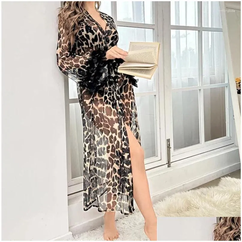 Women`S Sleepwear Womens Women Leopard Print Nightgown Y Long Sleeves V Neck Nightwear Wraparound Open Front Waist Strap Casual Femal Dhw12