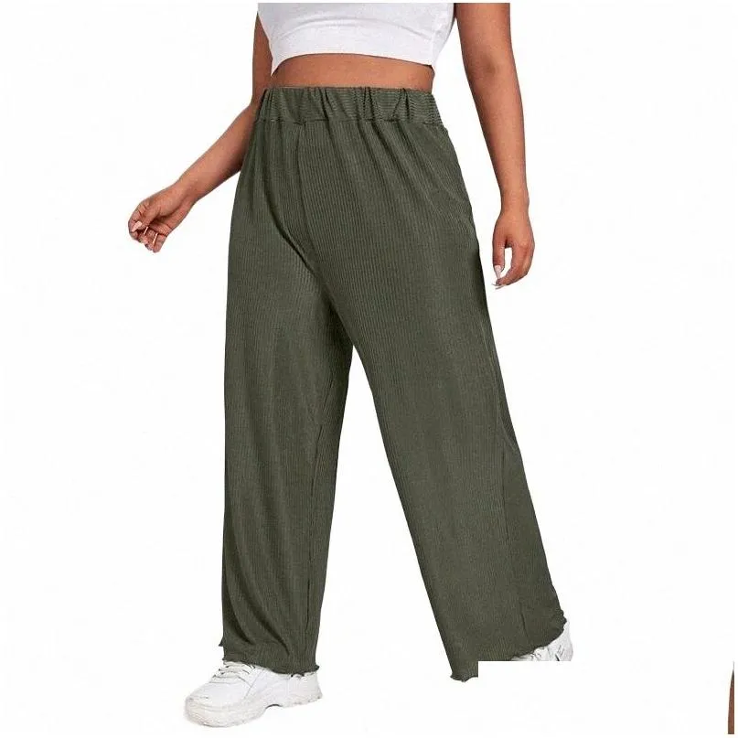plus Size Elastic Waist Summer Elegant Wide Leg Pants Loose Rib Knitted Casual Straight Pants Trousers Plus Size Womens Bottoms S2pK#