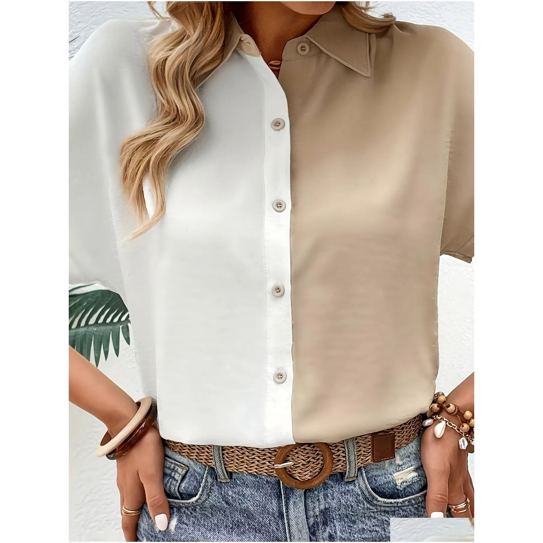 plus Size Casual Blouse, Women`s Plus Colorblock Short Sleeve Turn Down Collar Butt Up Blouse C7Gt#