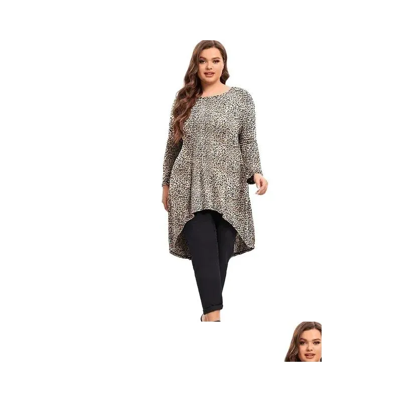 plus Size Lg Sleeve Leopard Print Casual Hi Low Tunic Women Lg Fit Flare Loose Swing Blouse And Tops Large Size T Shirt 5XL V2Am#