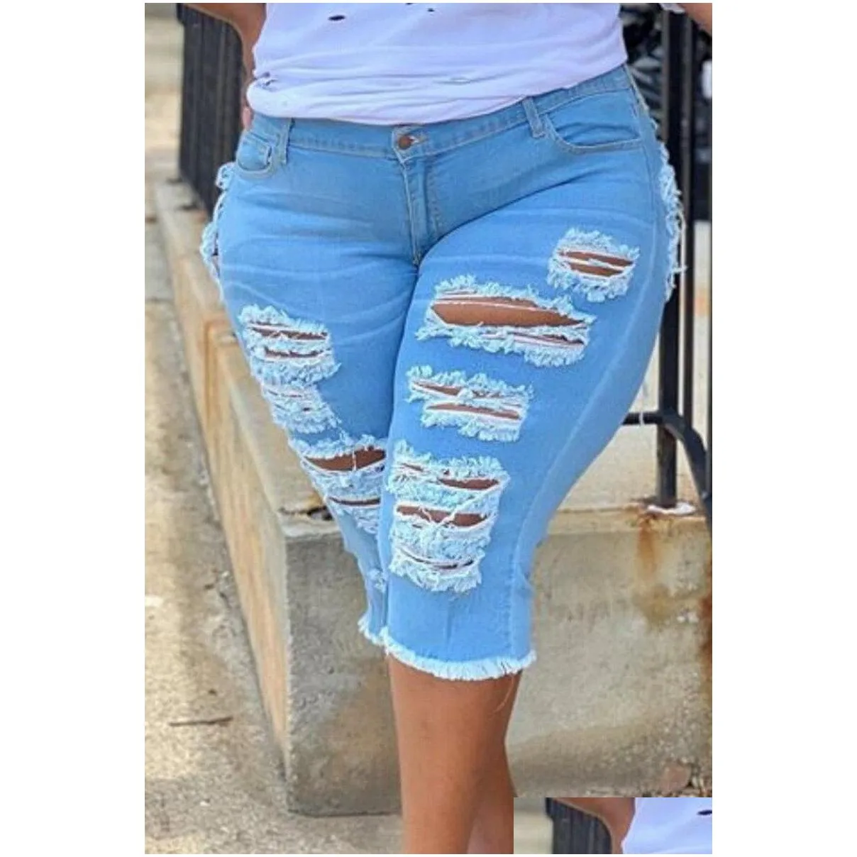 womens Plus Size Stretchy Bermuda Shorts Jeans Summer Womens Ripped Denim Shorts High Waist Curled Slim Shorts 4XL 5XL ouc1142 P6qo#