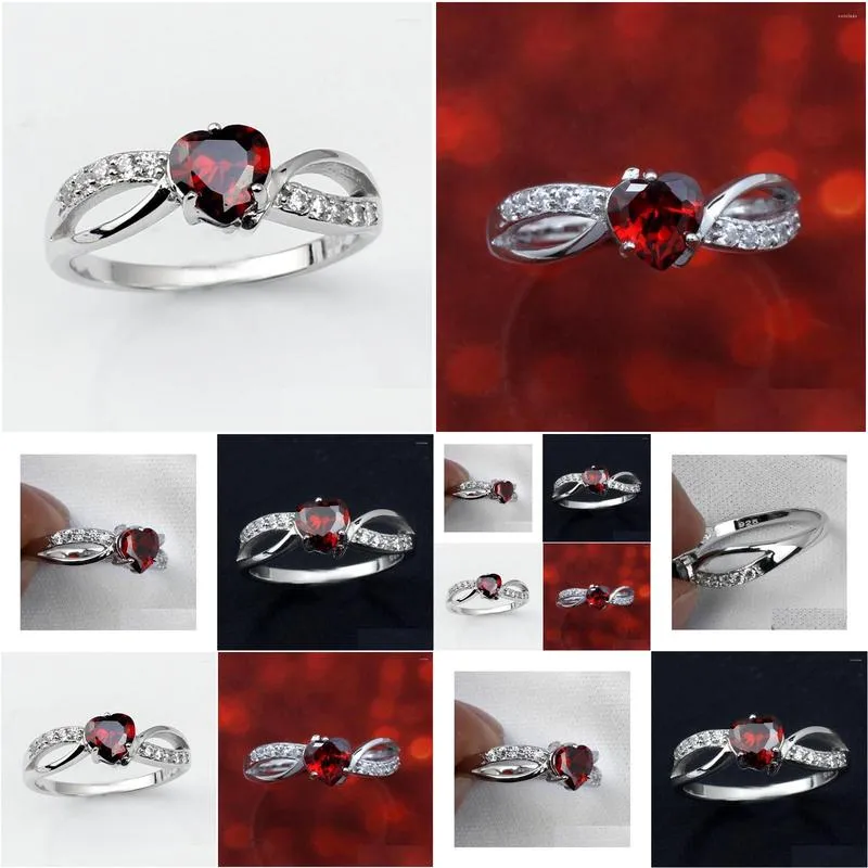 Cluster Rings Women`s Heart Shape Simulated Red Garnet 925 Sterling Silver Ring Crystals Decorated Jewelry Gift R623