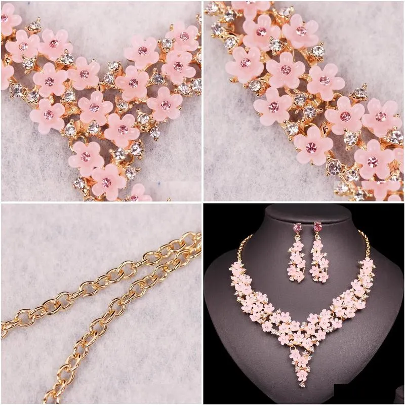 Earrings & Necklace Cute Pink Resin Flower Boho Sets Fashion Rhinestone Bohemia Style Bridal Wedding Jewelry Set Gifts For Women