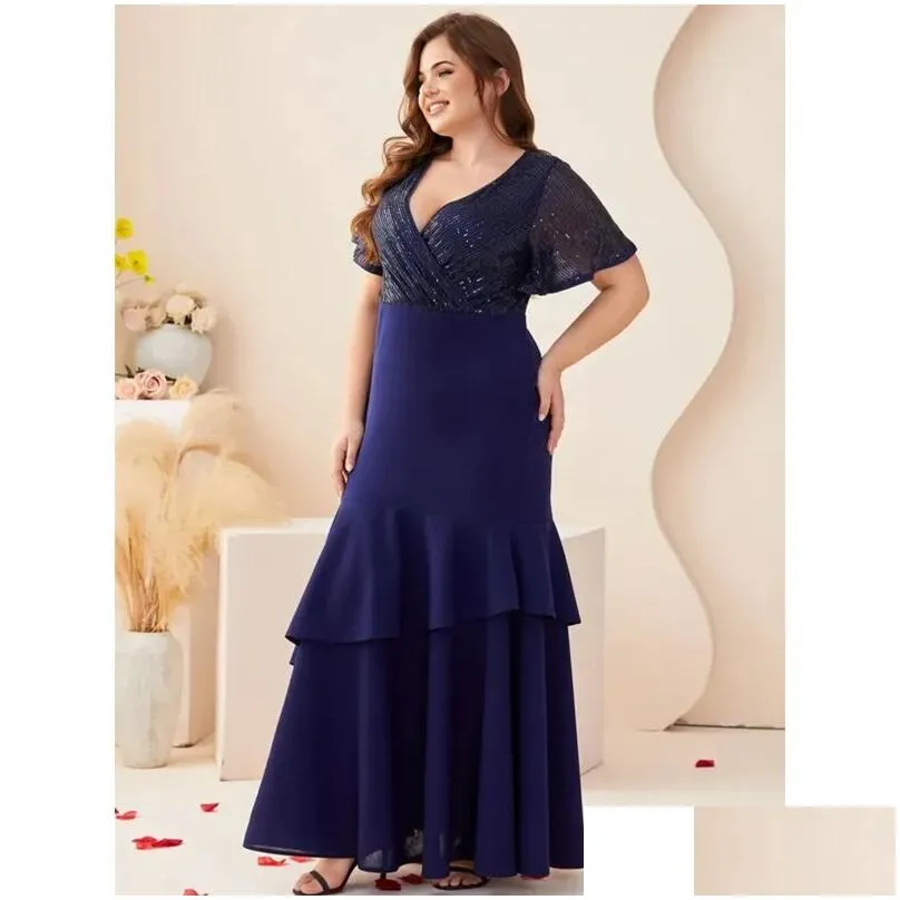 summer Plus Size 4XL5XL Royal Blue Sequin Short Sleeve V Neck Dr Elegant Luxury Party Maxi Fishtail Dres 2023 Plus Size C7xQ#